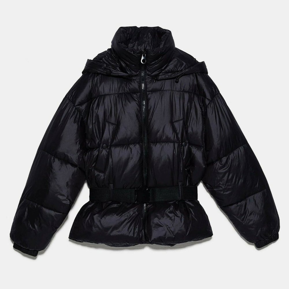 NEW Zara Black Sorona Dupont Removable Hood Soft Cozy Puffer Jacket with Belt - Picture 6 of 9